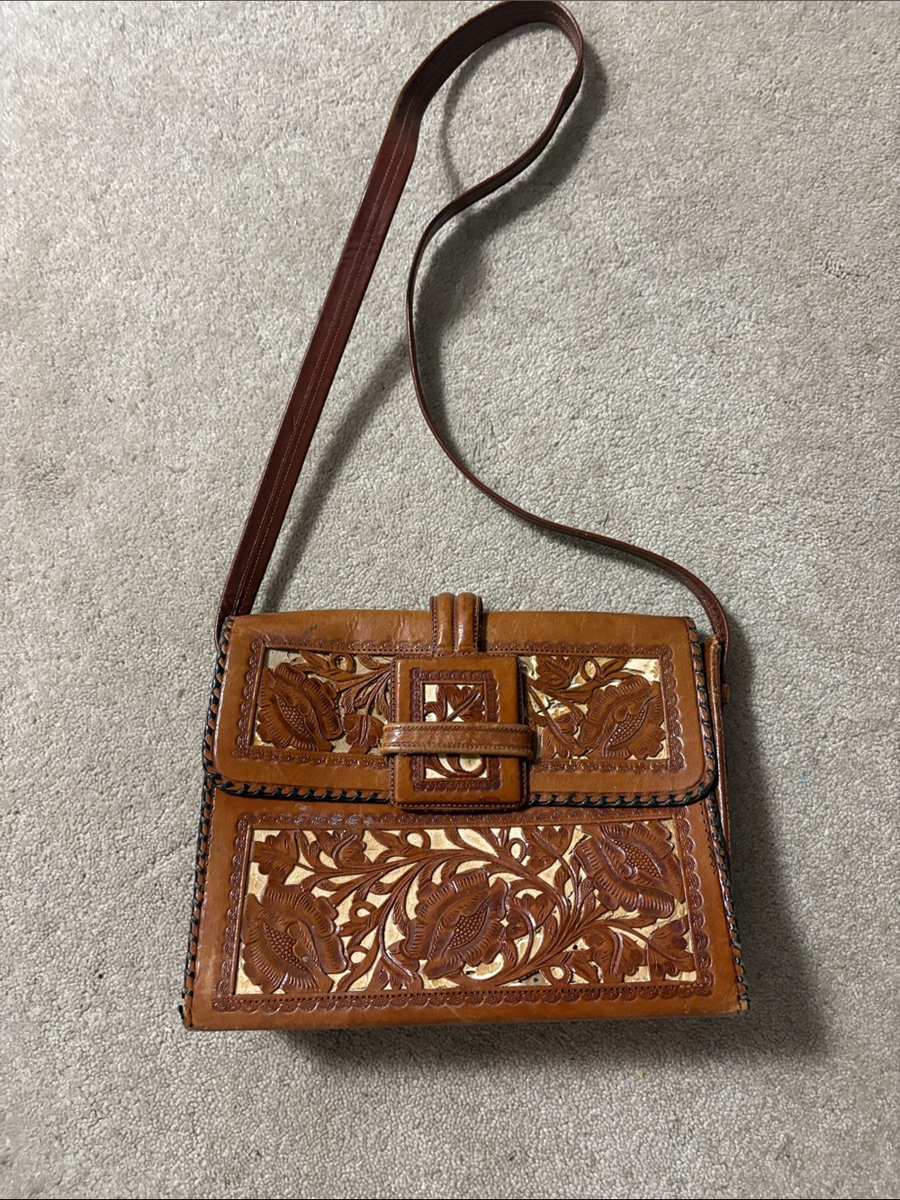 Hand-Tooled Leather Crossbody Bag in Cognac Brown